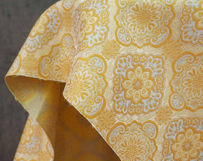 Yellow Silk Brocade Damask Fabric: Tibetan Emperor Design, 64" Wide