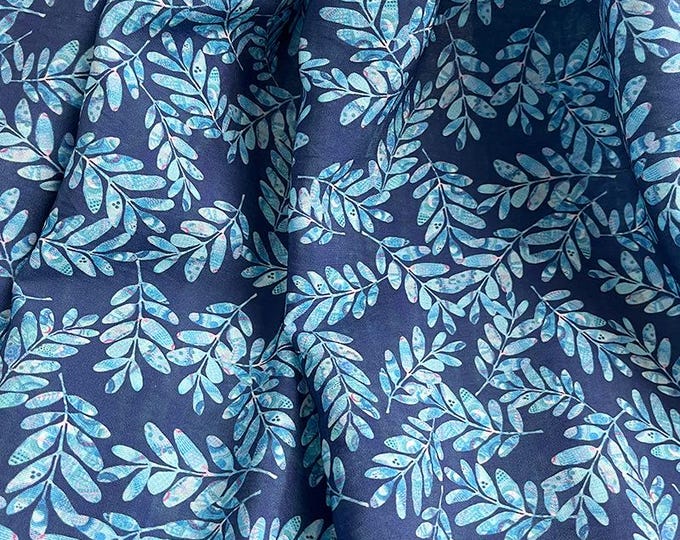 Tencel Ramie Printed Fabric, Blue leaf pattern, Sewing Fabric, Dress, Shawl, decor, Upholstery, Costume, bag, DIY, curtain/fabric, by meter