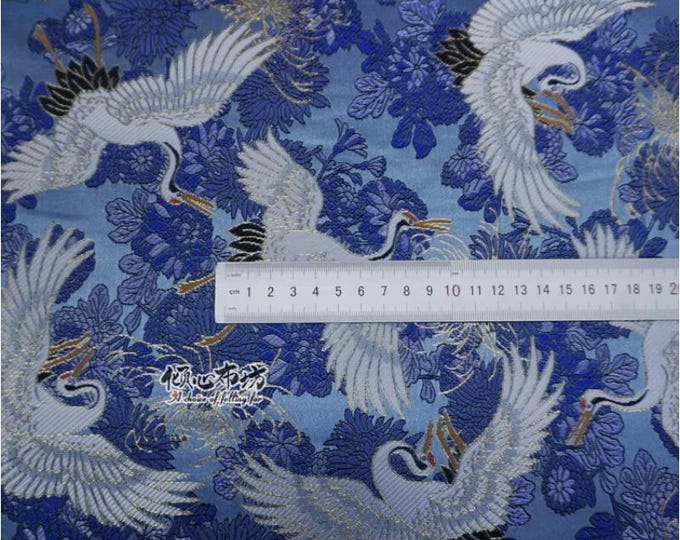 29.5"W Japanese classic pattern, Crane Jacquard Satin fabric, Retro Silk Brocade By The Meter, Home Decor Fabrics, Silver Grey Color On Sale