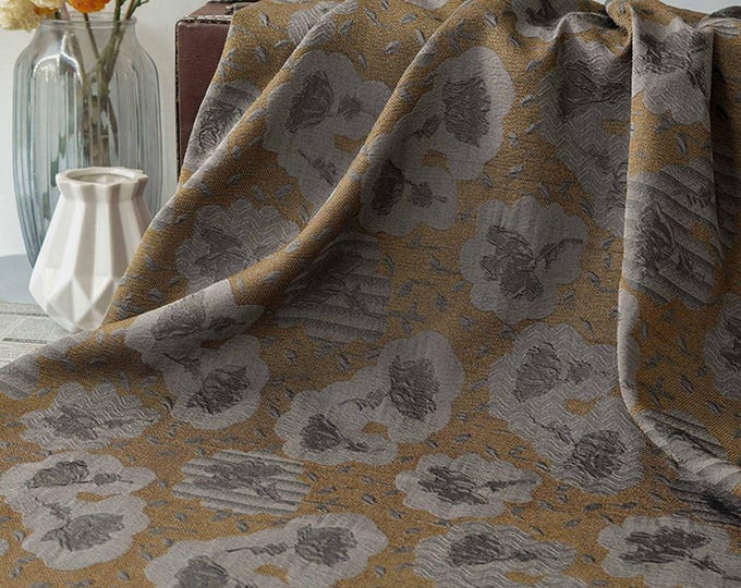 Vintage Style Coffee Brown Embossed Abstract Floral Jacquard Fabric by the Yard, 58"wide