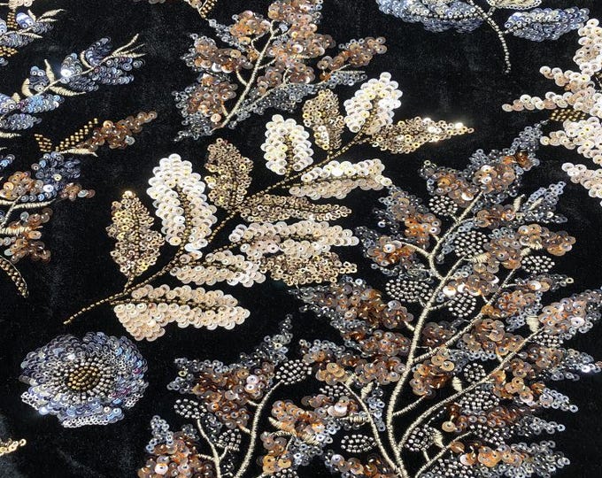Black Velvet Sequin Embroidered Fabric – Multicolor Bead Textile, 49" Wide