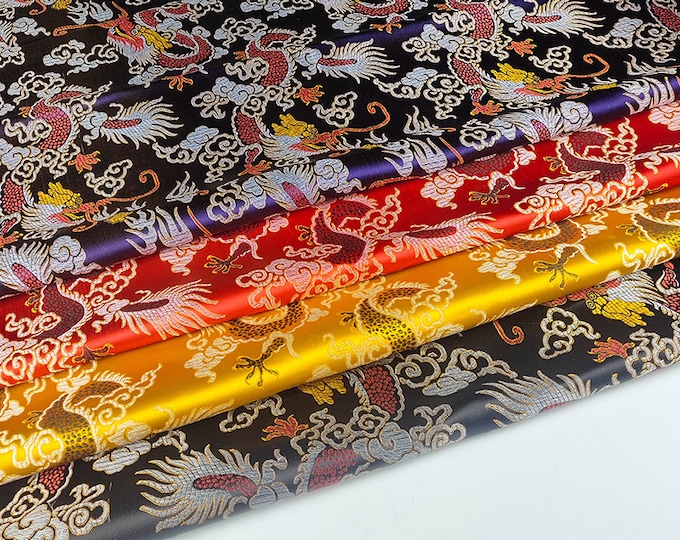 35"W Brocade Fabric, Colorful Dragon Jacquard Satin Fabric, Brocade Fabrics By The Meter, Home Decor Fabric, Table Runner, Cushion, 4 colors