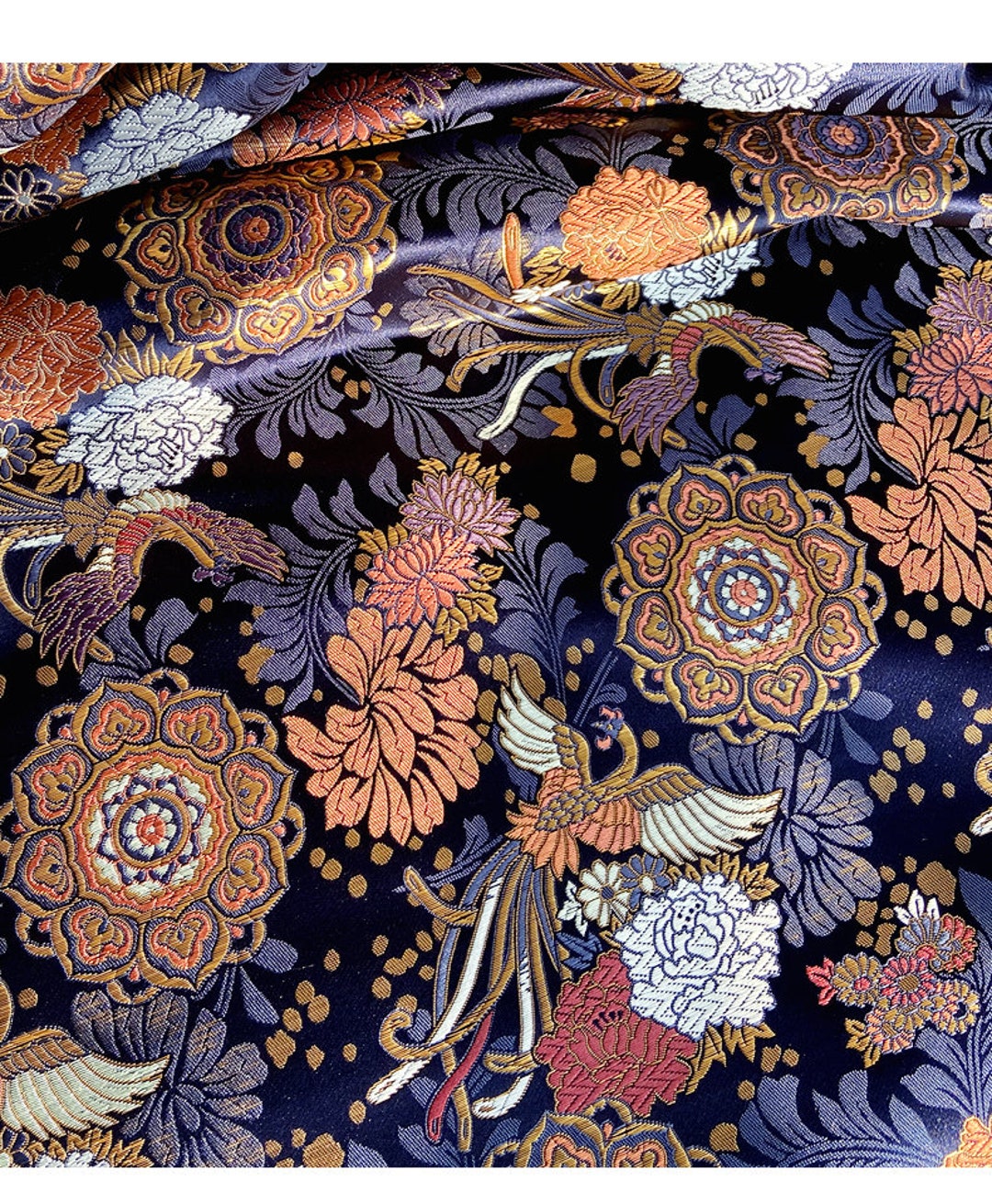 Modern Japanese Jacquard Silk Brocade Fabric by the Meter, Phoenix
