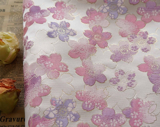 65"W Japanese Sakura Silk Brocade Fabric, Decor, Table cloth, bed runner, Cheongsam, Upholstery, Costume, bag, Sewing, Robe/Fabric by 1 yard