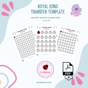 Puede incluir: Plantilla de descarga digital imprimible para hojas de transferencia de glaseado real con un diseño de mariquita. La plantilla incluye tres hojas con múltiples contornos de mariquitas, perfectas para decorar pasteles y galletas.