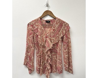 Vintage Express Ruffle Neck Boho Paisley Print Silk Blouse Size 3/4