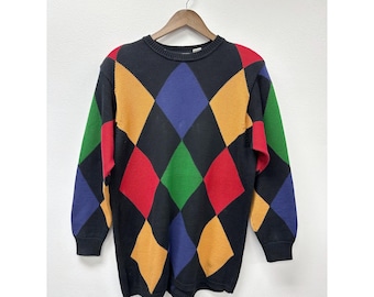 Jersey de punto multicolor con estampado de rombos de Liz Claiborne, estilo vintage de los 90, color negro, talla M.