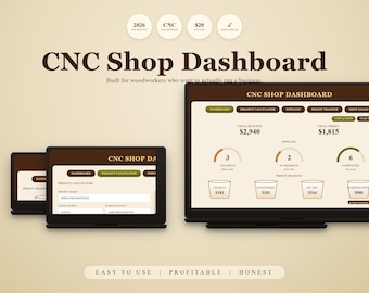 Könnte beinhalten: Eine digitale CNC Shop Dashboard-Oberfläche, die auf mehreren Bildschirmen angezeigt wird. Die Oberfläche bietet Datenvisualisierungen, Projektverfolgung und Finanzkennzahlen. Das Design ist in Braun- und Beigetönen gehalten, mit dem Text "CNC Shop Dashboard".