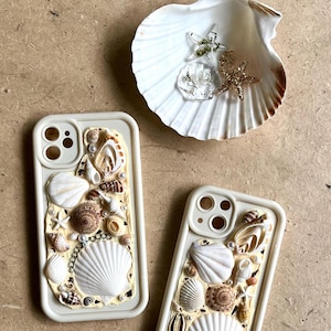 Handmade Seashell Phone Case | Beige Clear Resin Ocean Phone Cover | Coastal Aesthetic Beach Case | Custom Shell Mosaic Case for Phone