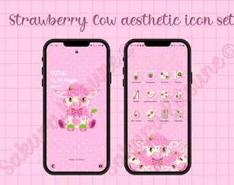 Strawberry Cow Icon Set, Cute Icons, iOS Android app icons, Pink Icon Set, Widgets, Wallpapers for phone and tablet, Aesthetic Icon Set