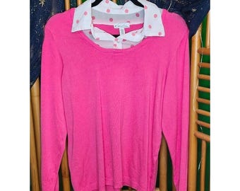 Kim Rogers Petite PL Pink Crewneck Sweater Faux Collar Polka Dot Layered Look