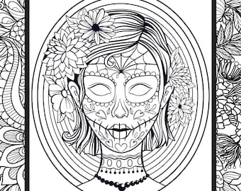 Female Sugar Skull Coloring Page for Adults - Dia de los Muertos Scary Coloring Page - Free Instant Download - Print 8.5 x 11 Right at Home