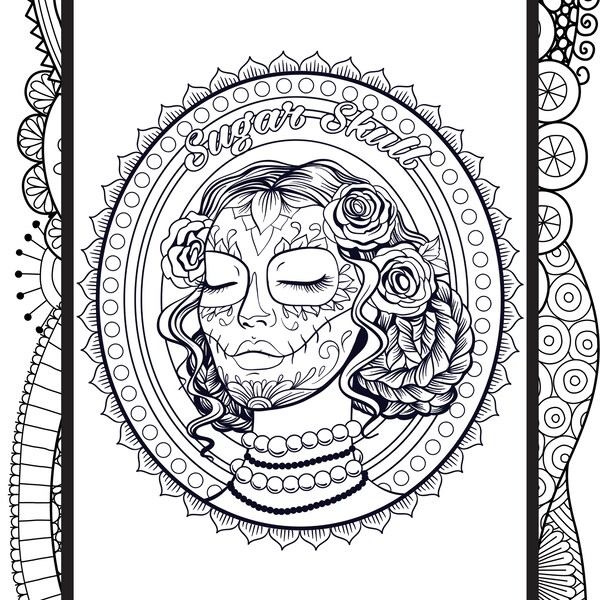 Female Sugar Skull Coloring Page for Adults - Mexican Skull Color Page - Adult Coloring Page -  Instant Download - Print 8.5 x 11 at Home