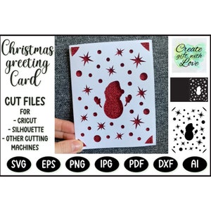 Tarjeta de Feliz Navidad con muñeco de nieve de Navidad, estrellas y nieve. Archivo de corte de plantilla SVG, tarjeta de felicitación para Cricut Joy, Explore, Maker. Corte de papel.