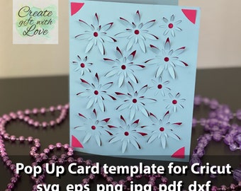 Pop Up Flowers Card SVG template cut file for Cricut Joy. Silhouette and PDF files for hand cut.