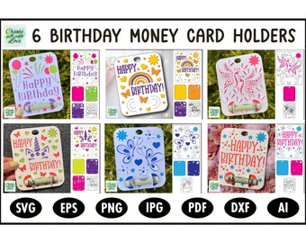 Tarjeta de dinero SVG, 6 pc, soporte de regalo en cumpleaños, mini paquete. Diseño de feliz cumpleaños. Funciona con Cricut. Tamaño 4" x 5" Corte de papel. Digital.