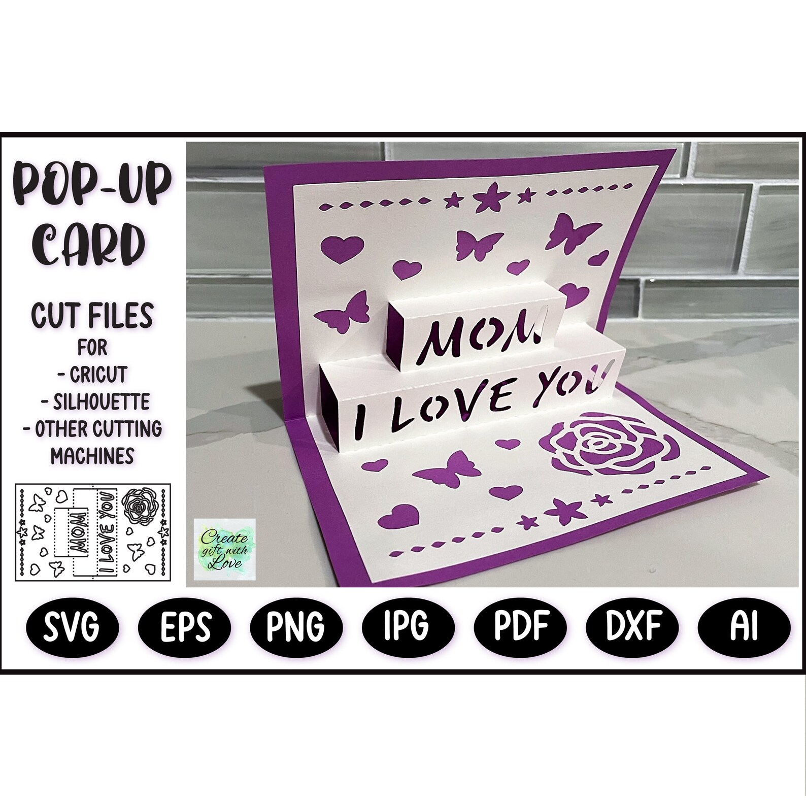 I Love You Mom. Pop up Card SVG. Mothers Day Cutting Card, SVG Template ...