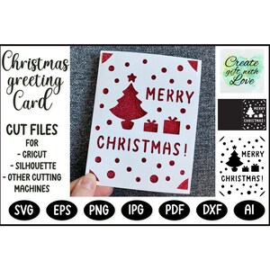 Tarjeta de Feliz Navidad con árbol de Navidad, regalos y nieve. Archivo de corte de plantilla SVG, tarjeta de felicitación para Cricut Joy, Explore, Maker. Corte de papel.