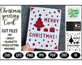 Carte de Joyeux Noël avec sapin de Noël, cadeaux et neige. Fichier de découpe de modèle SVG, carte de vœux pour Cricut Joy, Explore, Maker. Papier découpé.