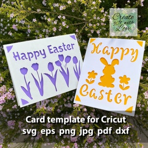 Feliz Pascua insertar tarjetas de corte, archivo de plantilla SVG con conejito y huevos para Cricut. Dibuja y corta el diseño de la tarjeta. Papercut svg. Juego de 2 cartas