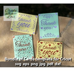 Paquet de 4 cartes de remerciement. Carte de vœux pop-up, fichiers svg coupés. Cœurs et fleurs. Fichier de découpe de modèle SVG pour Cricut Joy. Fichier numérique.