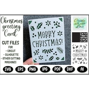 Merry Christmas card with Christmas stars and snow. SVG template cut file, Greeting Card for Cricut Joy, Explore, Maker. Paper cut.