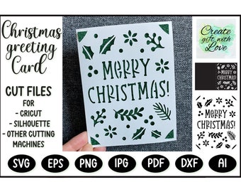 Carte de Joyeux Noël avec des étoiles de Noël et de la neige. Fichier de découpe de modèle SVG, carte de vœux pour Cricut Joy, Explore, Maker. Papier découpé.