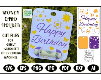 Titular de la tarjeta de dinero SVG. Diseño de feliz cumpleaños. Tarjeta de regalo. Funciona con Cricut Joy, Explore, Maker y más. Tamaño 4" x 5" Corte de papel. Digital