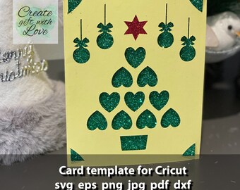 Merry Christmas Tree Card with Hearts SVG template cut file, Carte de vœux pour Cricut Joy.