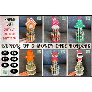 Paquete de soportes para pasteles de dinero. Regalo de Navidad SVG. Funciona con Cricut Joy, Explore, Maker y más. Decoraciones de árboles navideños. Cortando papel. Digital
