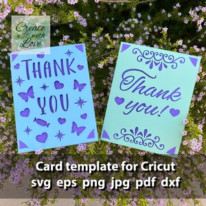 May include: Two thank you cards with different designs. The first card is light blue with purple butterflies, hearts, and stars. The second card is light green with a purple swirl design and the words "Thank you!" in purple. Both cards are for Cricut.