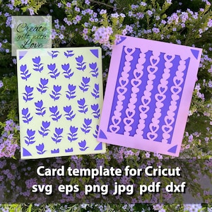 Tarjetas SVG plantilla de archivo cortado con flores tulipanes y corazones para Cricut Joy, Maker, Explore Air. San Valentín, Feliz Cumpleaños, Día de la Madre
