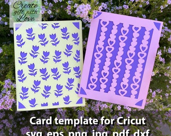 Cards SVG template cut file with Flowers tulips and hearts for Cricut Joy, Maker, Explore Air. Valentine's Day, Happy Birthday, Mother's Day
