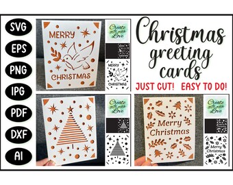 Cartes de joyeux Noël avec sapin de Noël, colombes, étoiles et neige. Placez 3 cartes. Fichier de coupe de modèle SVG, carte de voeux pour Cricut. Papier découpé.