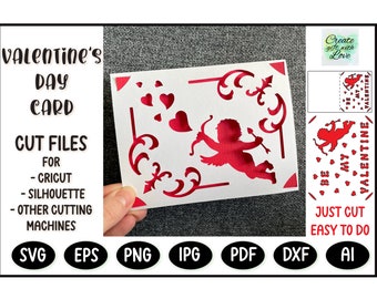 Happy Valentine Day Card with Cupid. SVG template cut file for Cricut Joy, Maker, other cutting machines. Valentine’s Day card. Digital File