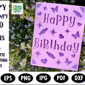 Joyeux anniversaire carte de découpe svg fichier avec cœurs et papillon pour Cricut Joy, Maker et Explore. Fichier de coupe silhouette. Papier découpé.