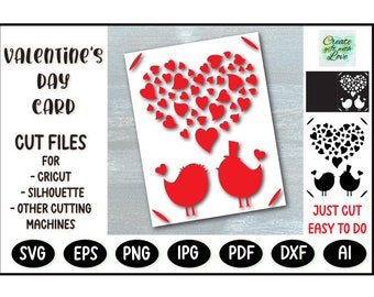 Happy Valentine Day Card with Heart and birds. SVG template cut file for Cricut Joy. Valentine’s Day card. Digital File