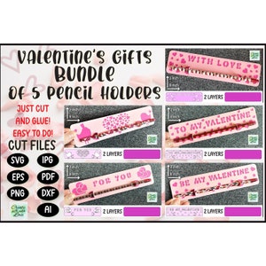 Pacote de 5 porta-lápis. Cartão dos namorados. Troca de cartões em sala de aula. Arquivo de corte Valentine SVG para corte. Escola. Pequeno presente para crianças