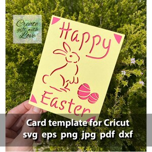 Happy Easter insert cutting Card, SVG template file with bunny and eggs for Cricut Joy. Draw and cut card design. Papercut svg.