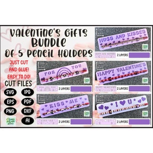 Bundel van 5 potloodhouders. Valentijnskaart. Klaslokaal ruilkaarten. Valentine SVG Snijbestand voor het snijden. School. Klein cadeau voor kinderen