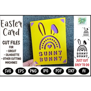 Happy Easter insert cutting Card, SVG template file with bunny and eggs for Cricut Joy/Maker/Explore. Draw and cut card design. Papercut svg
