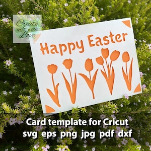 Feliz Pascua inserte la tarjeta de corte, archivo de plantilla SVG con tulipanes para Cricut Joy. Tarjeta de primavera con tulipanes. Dibuja y corta la carta. Corte de papel.