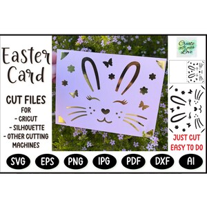 Frohe Ostern Schneidekarte, SVG Vorlage mit Hase und Eiern für Cricut Joy/Maker/Explore. Kartendesign zeichnen und ausschneiden. Papierschnitt svg