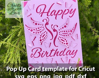 Pop-up Butterfly Birthday card SVG file for Cricut Joy. Silhouette and PDF files for hand cut.