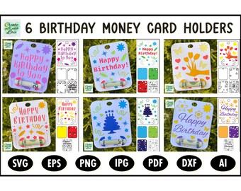 Tarjeta de dinero SVG, 6 pc, soporte de regalo en cumpleaños, mini paquete. Diseño de feliz cumpleaños. Funciona con Cricut. Tamaño 4" x 5" Corte de papel. Digital.
