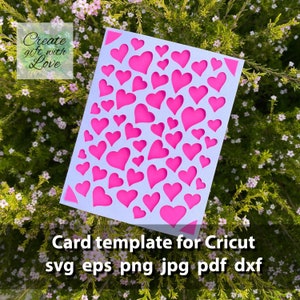Szablon karty SVG plik do cięcia z sercami dla Cricut Joy, Maker, Explore Air. Kartka z pozdrowieniami na Dzień Matki, Walentynki. Plik cyfrowy.