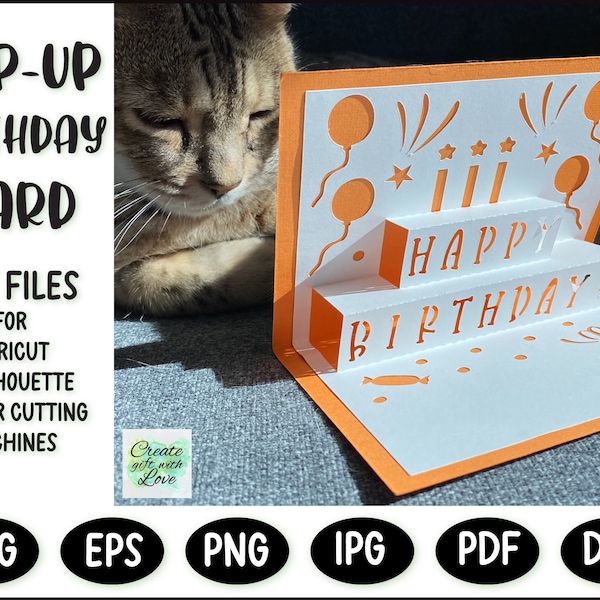 DIY Pop-up Happy Birthday card. Silhouette. Card Template | SVG & PDF digital download | 3D paper cutting | Pop up card papercut.