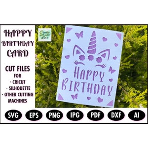 Joyeux anniversaire, insérez un fichier SVG de carte de découpe avec licorne, papillons et cœurs pour Cricut Joy, Maker et Explore. Fichier de coupe silhouette.