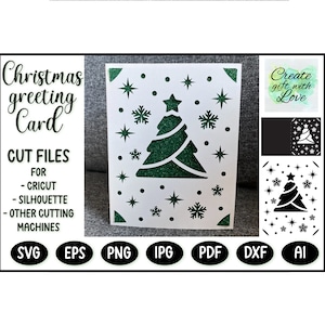 Merry Christmas card with Christmas tree, stars and snow. SVG template cut file, Greeting Card for Cricut Joy, Explore, Maker. Paper cut.