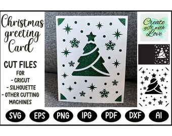 Carte de Joyeux Noël avec sapin de Noël, étoiles et neige. Fichier de découpe de modèle SVG, carte de vœux pour Cricut Joy, Explore, Maker. Papier découpé.